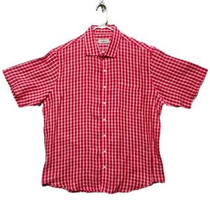 AQUA TOSCANO Linen Button Up  Shirt Red White Gingham Short Sleeve Breathable